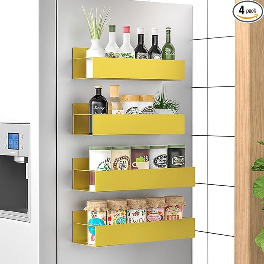 4 Pack Magnetic Spice Storage Rack Organizer for Refrigerator and Oven, Gold Fridge Organizers and Storage