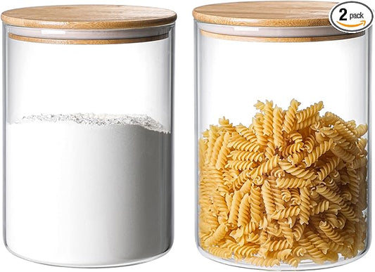 2 Sets 3000 ML/100 FL OZ Clear Glass Storage Canister Holder with Airtight Bamboo Lid, Extra Large Container Jar for Flour Sugar Coffee Loose Tea Rice Cookie Cereal Pasta Spaghetti Protein Powder