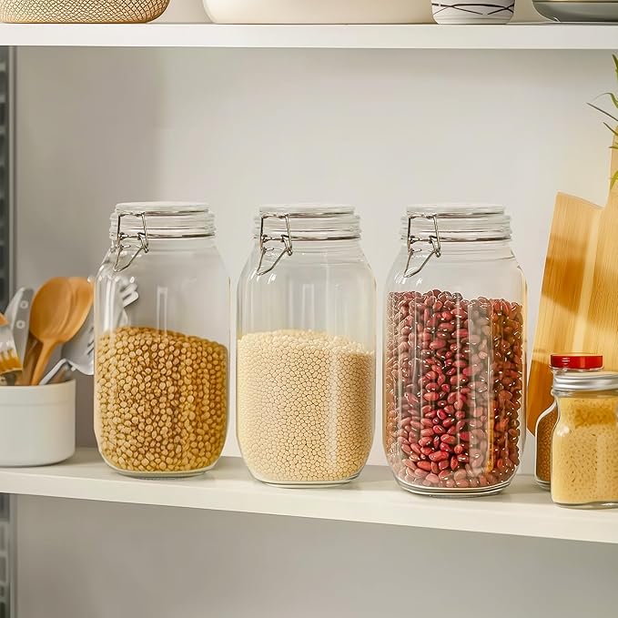 ComSaf Large Glass Jars with Lid 64 oz, Large Mason Jars Set of 3, Glass Canisters with Airtight Lids, Half Gallon Canning Jars with Seal Wire Clip Fastening for Kitchen, Pickle, Flour, Sugar, Cereal