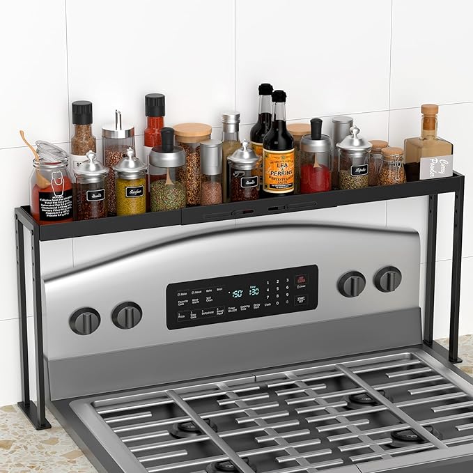 Spice Rack Shelf for Kitchen Stove, Adjustable 27 to 33 Inch Spice Rack Organizer, 4 Level Adjustable Height Stove Top Shelf for Kitchen, Over the Stove Shelf for Countertop, Black