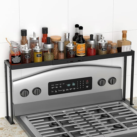 Spice Rack Shelf for Kitchen Stove, Adjustable 27 to 33 Inch Spice Rack Organizer, 4 Level Adjustable Height Stove Top Shelf for Kitchen, Over the Stove Shelf for Countertop, Black