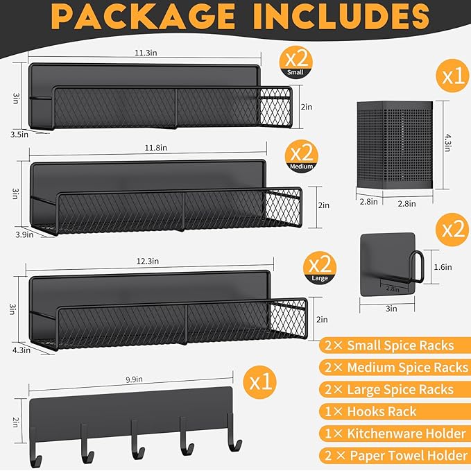 Magnetic Spice Rack for Refrigerator, 10 Pack Metal Magnetic Shelf, Moveable Spice Organizer with Hook Rack, Paper Towel Holder, Kitchenware Holder, Strong Magnetic Storage Fridge Organizer Black