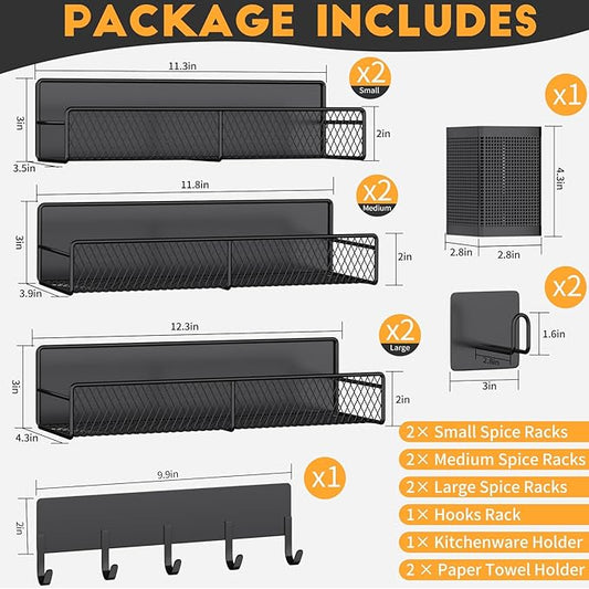 Magnetic Spice Rack for Refrigerator, 10 Pack Metal Magnetic Shelf, Moveable Spice Organizer with Hook Rack, Paper Towel Holder, Kitchenware Holder, Strong Magnetic Storage Fridge Organizer Black