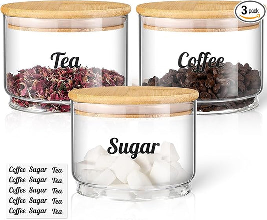 Suclain 3 Pcs 20oz Tea, Coffee, Sugar Stacking Jars Clear Glass Food Storage Jars with Lid Round Kitchen Containers with Sealing Bamboo Lid Airtight Canisters for Serving Tea Coffee Sugar with Sticker