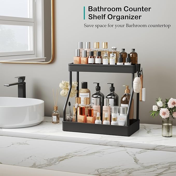 Coffee Bar Station Organizer for Countertop,Coffee Mug Cup Holder for Counter,Kitchen Countertop Organizer Shelves with 4 Hooks,Black (Large)