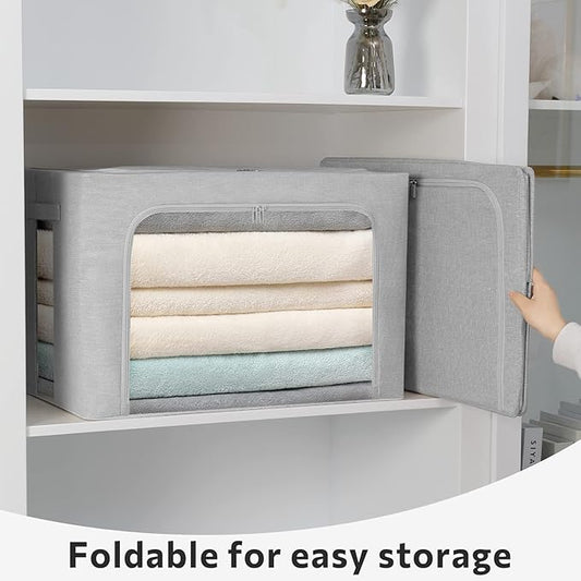 2 Pack Clothes Storage Bins Stackable Metal Frame Storage Box Foldable Linen Fabric Organizer with Carrying Handles and Clear Window (Light Gray, 15.7x 11.8x 7.8Inch)