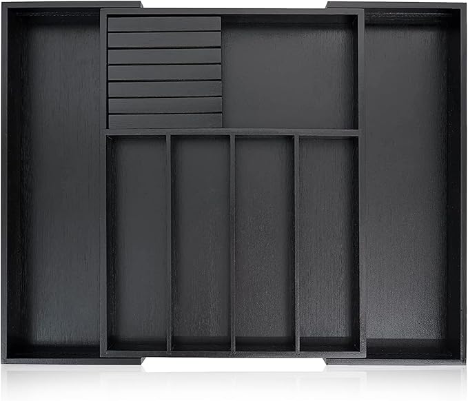 Bamboo Wood Drawer Organizer With Dividers and Removable Knife Block - Silverware and Kitchen Organizer - 12.75-22 x 17 x 2 In (Black)
