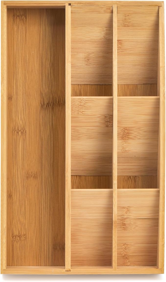 Hiceeden Bamboo Silverware Drawer Organizer, 7 Slots Kitchen Flatware Organizer, 15.7" x 9.4" x 2.4" Drawer Silverware Tray Utensil Cutlery Holder Dividers for Knives, Forks, Spoons