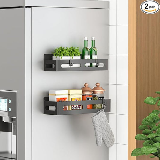 2 Pack Magnetic Spice Rack for Refrigerator, Spice Rack Organizer, Moveable Magnetic Shelf Fridge Organizer with 4 Hooks for Kitchen and Oven Organization, Black