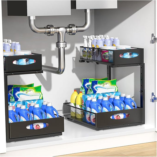 2 Pack Large Under Sink Organizer, 2 Tier Metal Pull Out Under Sink Storage with Sliding Mesh Drawers, Height Adjustable Slide Out Under Cabinet Organizer for Kitchen Bathroom, Black