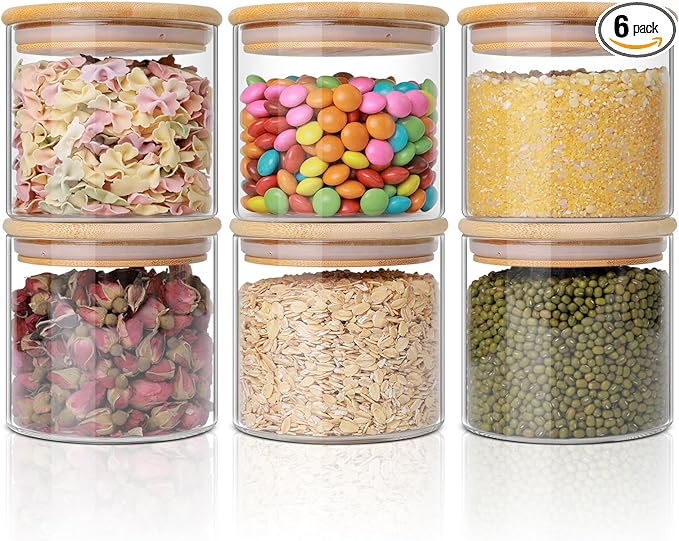 Glass Storage Jars 22oz [Set of 6],Clear Glass Food Storage Containers with Airtight Bamboo Lid Stackable Kitchen Canisters for Candy,Cookie,Rice,Sugar,Flour,Pasta,Nuts and Spice Jars