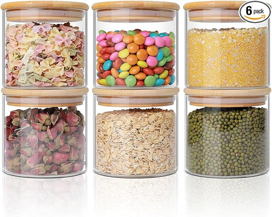 Glass Storage Jars 22oz [Set of 6],Clear Glass Food Storage Containers with Airtight Bamboo Lid Stackable Kitchen Canisters for Candy,Cookie,Rice,Sugar,Flour,Pasta,Nuts and Spice Jars