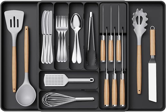 Lifewit Silverware Organizer for Kitchen Drawers, Expandable Utensil Tray with Removable Knife Block, Adjustable Cutlery and Flatware Holder, Plastic Spoon Forks Holder Storage Divider, Large, Black
