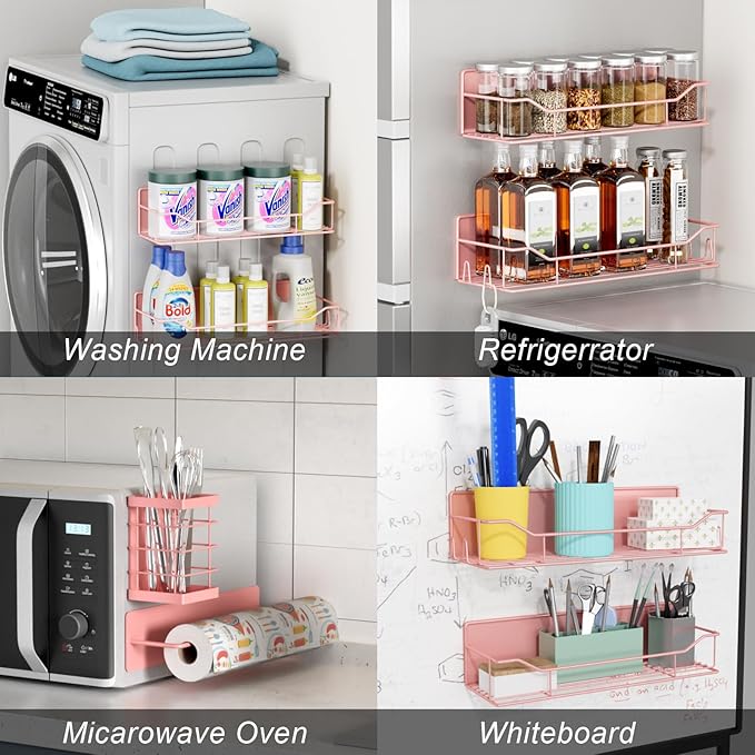 Magnetic Spice Rack for Refrigerator,8 Pack Magnetic Fridge Shelf, Moveable Spice Organizer with Hook Rack, Paper Towel Holder, Utensil Holder,cup lid holder, Super Magnetic Rack Set (Pink)