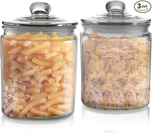 Set of 3 Glass Jar with Lid Airtight Glass Storage Cookie Jar for Flour, Pasta, Candy, Dog Treats, Snacks & More | Glass Organization Canisters for Kitchen & Pantry | 30 Ounces