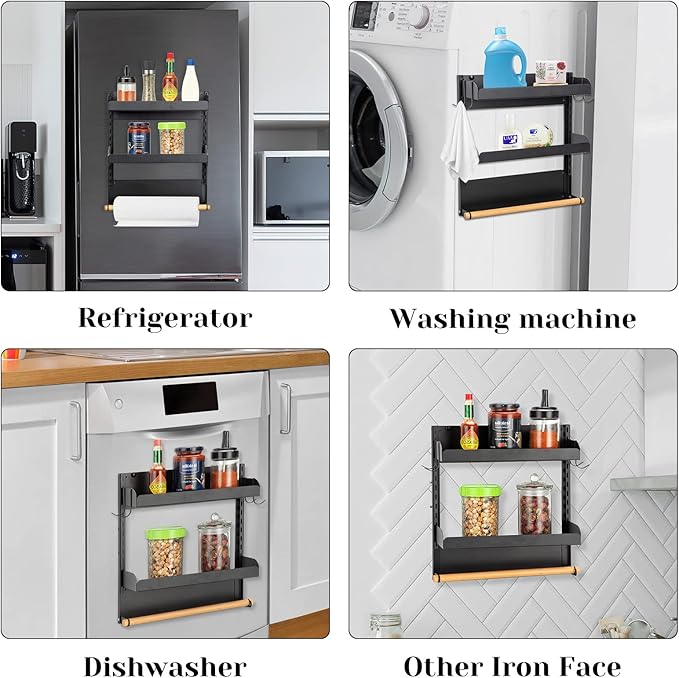 Magnetic Spice Rack, 2 Tier Magnetic Spice Organizer for Refrigerator, Magnetic Shelf with Paper Towel Holder for Kitchen Storage