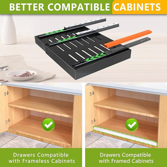 2 Pack Pull out Cabinet Organizer, Expandable Slide out Drawers Organizers Durable Rack Fixed with Adhesive Nano Film Compatible Framed Cabinets Shelves for Kitchen Pantry Adjustable Width 12.4"-20.4"