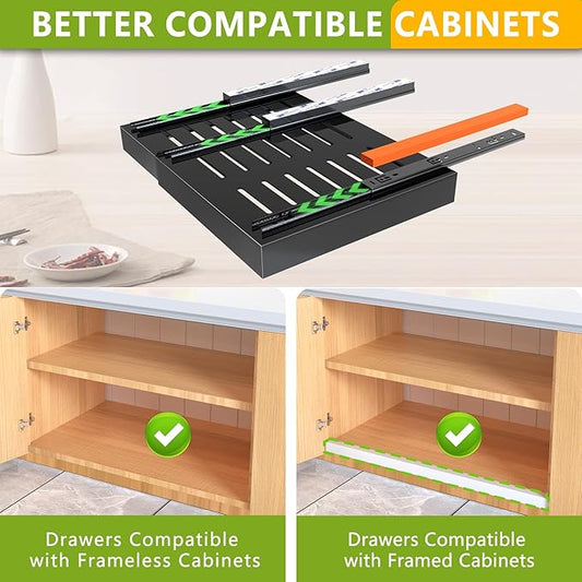 4 Pack Pull Out Cabinet Organizer 21" Deep Expandable Slide Out Drawer Organizers,No Drill Pull Out Drawers Adhesive with Nano Compatible Framed Cabinets Shelves For Kitchen Pantry Adjustable Width