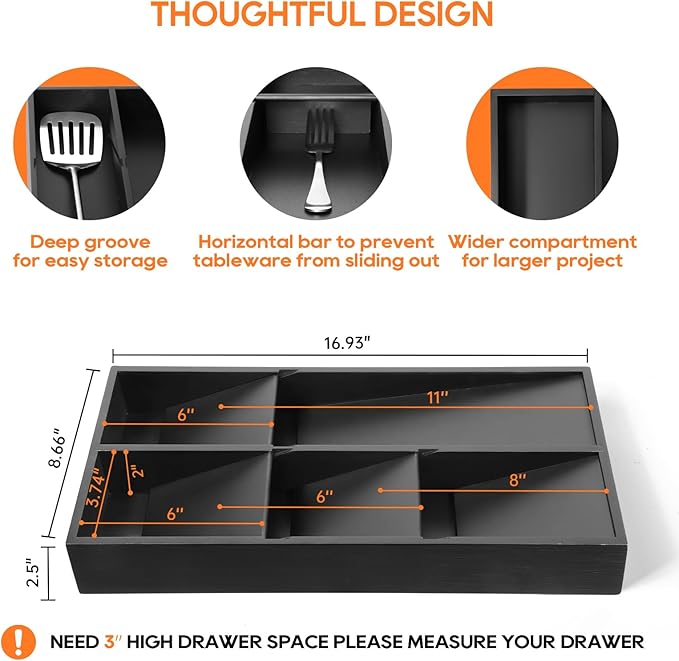 Bamboo Silverware Drawer Organizer, Removable Dividers Kitchen Utensil Drawer Organizer for Different Dimension Flatware, Spoons, Forks, Knives (Black, 5 Slots)