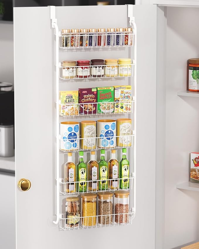 LAMU Over The Door Pantry Organizers and Storage, 6-Tier Hanging Spice Rack, Home & Kitchen Storage Shelves for Cabinet, Large Capacity Seasoning Organizer, Laundry Room Organization, White