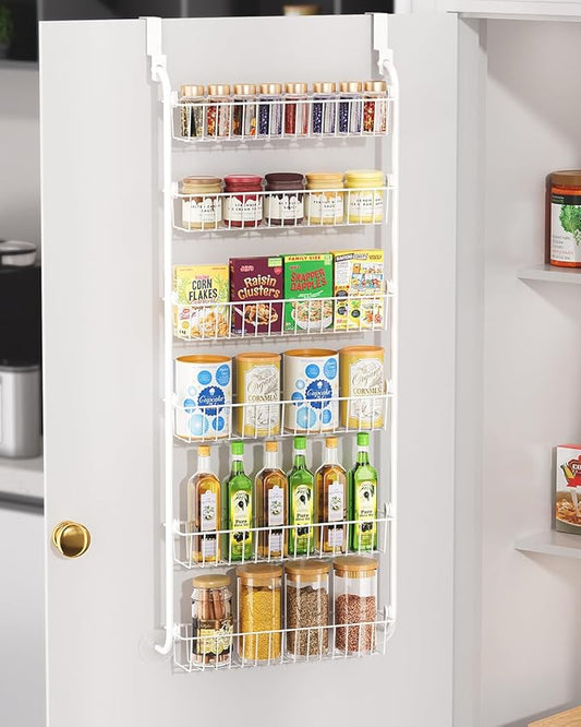 LAMU Over The Door Pantry Organizers and Storage, 6-Tier Hanging Spice Rack, Home & Kitchen Storage Shelves for Cabinet, Large Capacity Seasoning Organizer, Laundry Room Organization, White