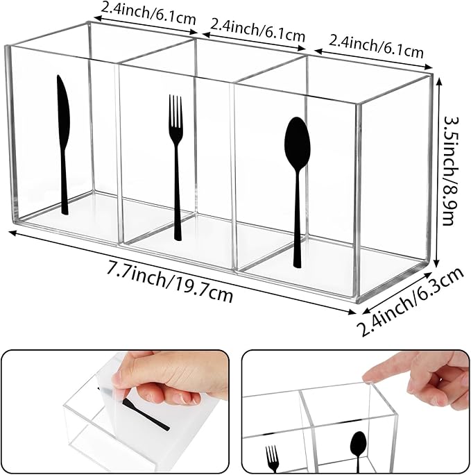 Clear Acrylic Cutlery Storage Organizer, Transparent Silverware Caddy 3 Section Tableware Plastic Holder for Kitchen Indoor Outdoor Decoration Supplies