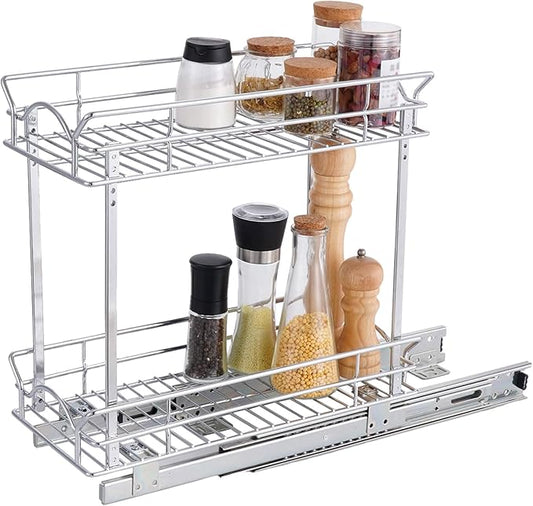 OCG Slide Out Cabinet Organizer for Narrow Cabinet (5" W X 21" D), 2 Tier Pull Out Shelves Slim Sliding Cabinet Organizer and Storage, Chrome