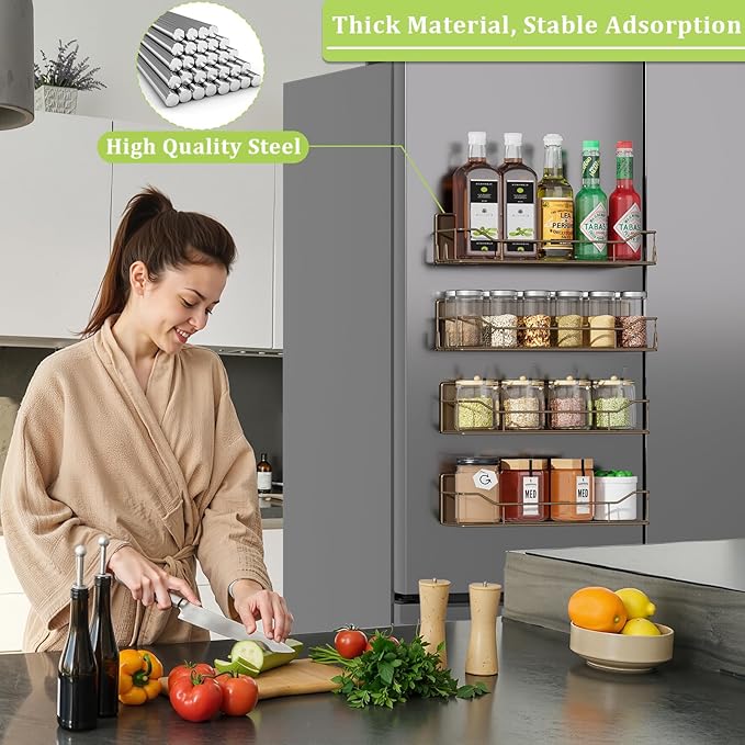Magnetic Spice Rack for Refrigerator, 4 Pack Metal Strong Magnet Spice Organizer Shelves, Magnetic Fridge Shelf for Kitchen Seasoning Organizer Gadgets, Home Organization and Storage (Brown)