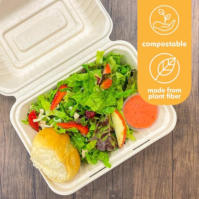 100% Compostable Disposable Food Containers with Lids [9”X6” 500 Pack] Eco-Friendly Take-Out TO-GO Containers, Heavy-Duty, Biodegradable, Unbleached by Earth's Natural Alternative