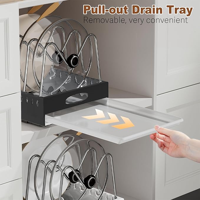Pan Organizers Inside Cabinet with Drip Tray, 21" Deep Pull out Cabinet Organizer Adhesive, Pot Lids Organizer with Handle Under Cabinet, Slide Out Cookie Sheet organizer with 9 Adjustable Dividers