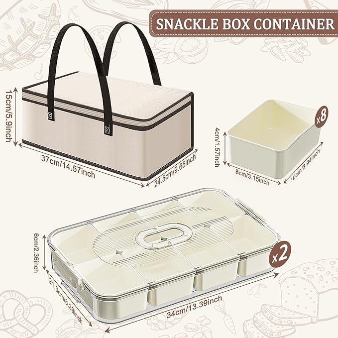 Snack Box Containers, Divided Serving Snack Tray with Lid - Double layered Stackable Snackle Platters with Bag, 8 Compartment for Snacks, Candy, Fruits, Nuts, Veggie for Fridge, White Large Organizer.