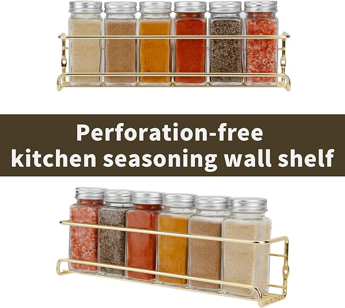 2 Pack Self Adhesive Wall Mounted Fridge Refrigerator Spice Racks,Metal Kitchen Seasoning Jar Organizer for Space Saver,Hanging Spice Organizer Shelf for Kitchen Cabinet,Wall,Pantry Door.Gold