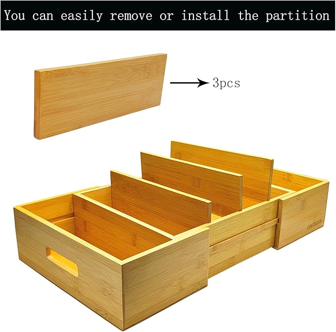 Premium Bamboo Silverware Organizer for Flatware, Knives- Expandable Kitchen Drawer Organizer and Utensil Holder,Multi-Function Drawer Storage 4-6 Compartments for Drawer Tray with Dividers