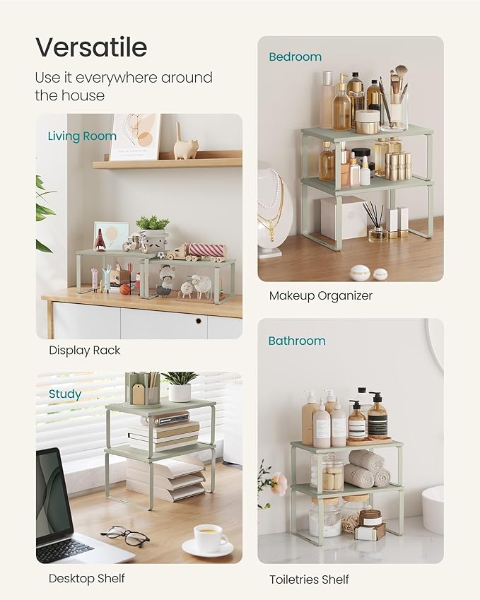 SONGMICS Cabinet Organizer Shelf, Set of 2 Kitchen Counter Shelves, Kitchen Storage, Spice Rack, Stackable, Expandable, Metal and Engineered Wood, Cappuccino Beige UKCS002K01