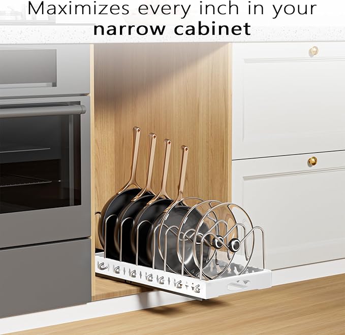 Pull Out Pots and Pans Organizer Under Cabinet, 2 Pack Pots and Pans Organizer, Sliding Lid Holder and Pan Rack in Kitchen, Slide Out inside Cabinet Storage for Pot Lid, Bakeware, Dishes, White