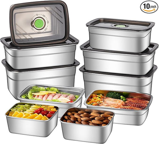 10-Piece Stainless Steel Food Storage Container Set with Airtight Lids - Durable, Eco-Friendly Kitchen Organizers for Freshness & Convenience，Pantry, Dishwasher Safe (Various Sizes)
