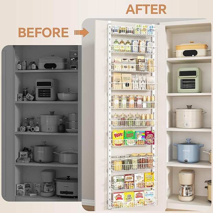 Over the Door Pantry Organizer, 10-Tier Adjustable Spice Rack Cabinet Door Shelves, Hanging Seasoning Organizer for Kitchen Bathroom, Laundry Room Organization, White