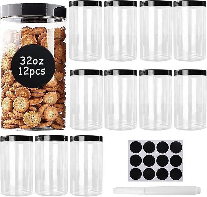 12 Pack 32 oz Plastic Storage with Lids,Airtight Clear Reusable Food Storage Jars for Kitchen Pantry Organization,BPA-Free Dry Food Canisters(Transparent)