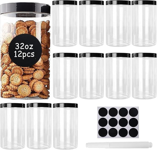 12 Pack 32 oz Plastic Storage with Lids,Airtight Clear Reusable Food Storage Jars for Kitchen Pantry Organization,BPA-Free Dry Food Canisters(Transparent)