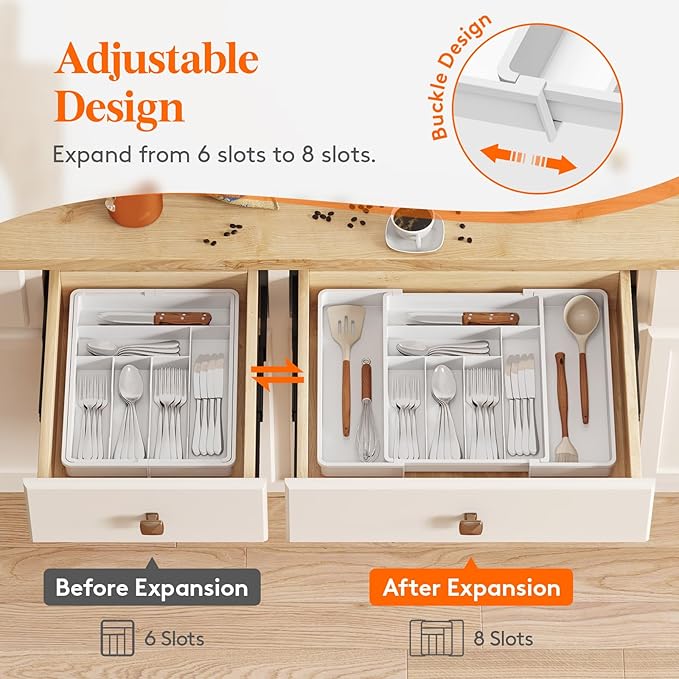 Lifewit Expandable Silverware Drawer Organizer, 22.4 x 16.7 x 2 inches, Adjustable Utensil Cutlery Tray for kitchen, Plastic Flatware Spoon Fork Knives Holder Storage Divider,1 Pack, White