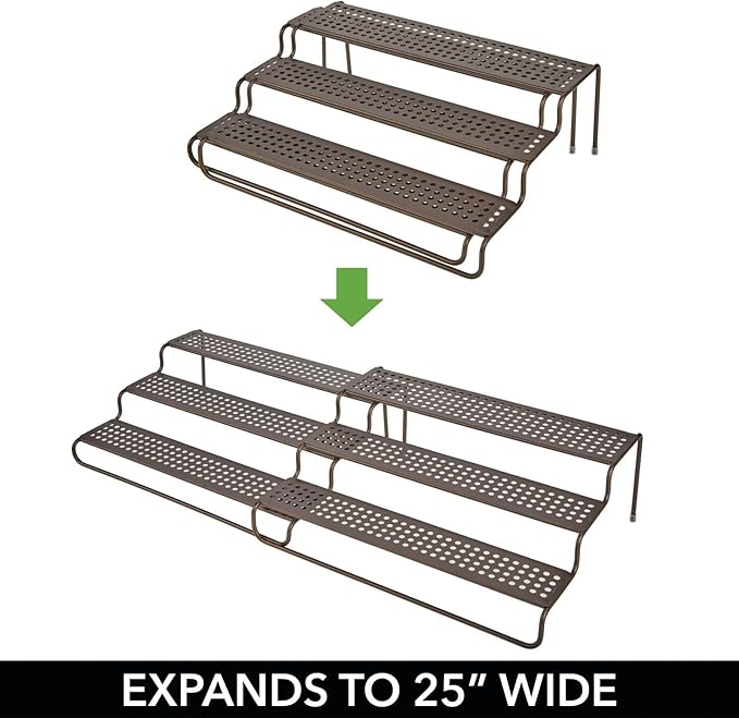 mDesign Adjustable, Expandable Metal Wire Kitchen Spice Rack - Storage Organizer Holder for Cabinet, Cupboard, Pantry, or Countertop - 3 Levels - Up to 25" Wide - Concerto Collection - Bronze