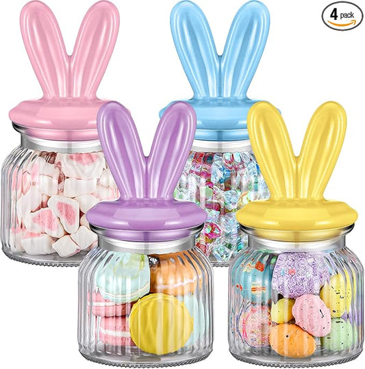 Nitial 4 Pcs Easter Glass Jar with Cap Bunny Ear Egg Clear Candy Jar Decorative Food Storage Canister with Airtight Ceramic Lid for Eater Party Tea Cookie Table Decoration(22 oz,Rabbit Ear)