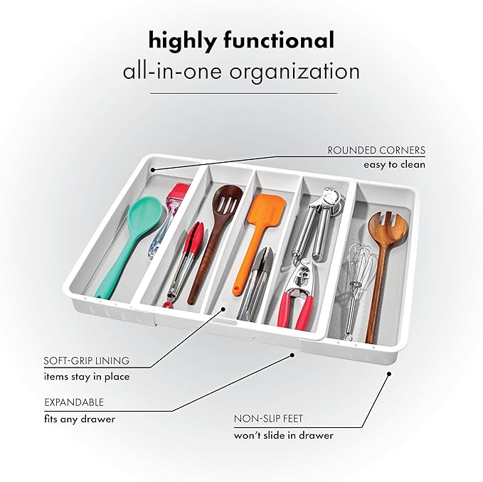 madesmart Expandable Utensil Tray-White | Classic Collection | 5-Compartments | Kitchen Organizer | Soft-Grip Lining and Non-Slip Rubber Feet | Easy to Clean | BPA-Free