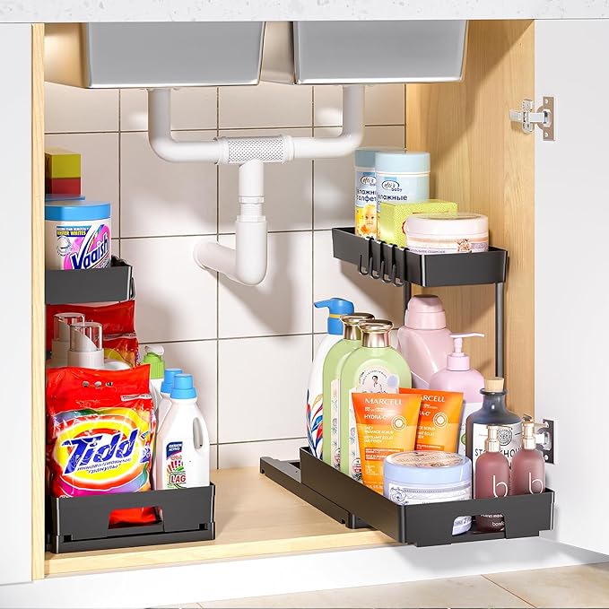 2 Pack Under Sink Organizers and Storage, 2 Tier L-Shape Pull Out Under Cabinet Organizer, Black Under Bathroom Kitchen Sink Organizer with Drawer for Under Counter Storage Organizer