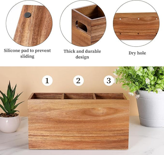 Wooden Utensil Holder, 3 Compartment Spatula Holder Natural Acacia Wood Silverware Organizer Large Boho Rustic Cooking Tool Caddy for Farmhouse Kitchen Counter Decor and Storage Spoons