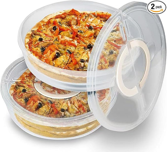 2 Pack 12inch Food Storage Container with Lid and Handle, Reusable 2 Compartments Pizza Slice Storage Container, Round Clear Pie Carrier Leftover Pizza Keeper for Cake Cheesecake Tortilla Pastry