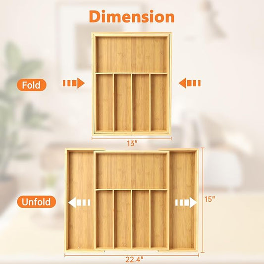 Expandable Bamboo Drawer Organizer for Utensils Holder, Drawer Dividers Organizer for Silverware, Flatware, Knives in Kitchen, Bedroom, Living Room as Housewarmings, Wedding, Bridal Shower Gifts