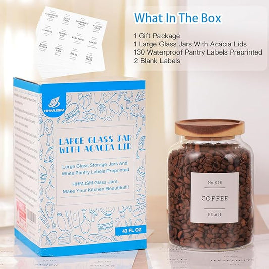 High Borosilicate Glass Jar with Airtight Acacia Lid and 132 Kitchen Panty Labels Preprinted - 43 Fl Oz Thicken Glass Food Storage Container Canister for Coffee Bean, Candy, Cookie, Tea, Sugar
