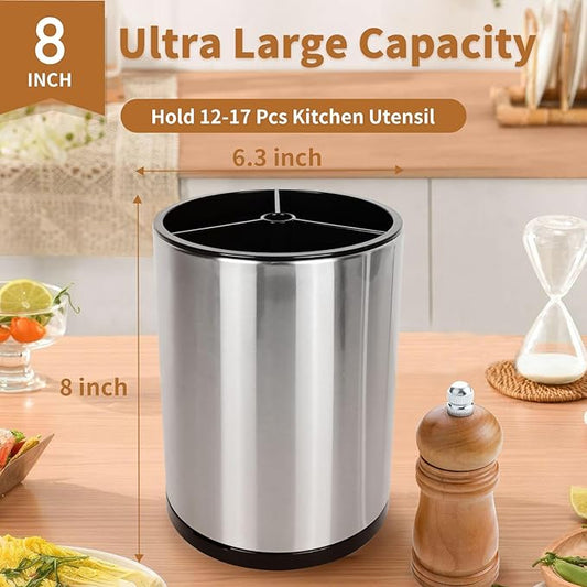 360° Rotating Kitchen Utensil Holder - Extra Large Stainless Steel Cooking Utensil Holder for Countertop, 3 Compartment Flatware Organizer & Cooking Caddy with Removable Base（Silvery）