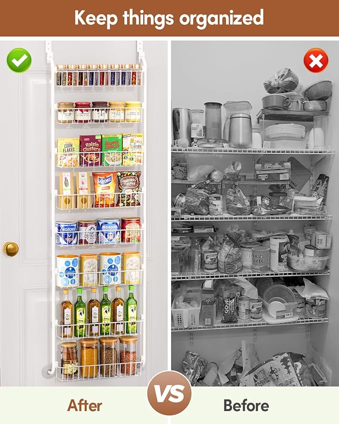 LAMU Over The Door Pantry Organizers and Storage, 8-Tier Hanging Spice Rack, Home & Kitchen Storage Shelves for Cabinet, Large Capacity Seasoning Organizer, Laundry Room Organization, White